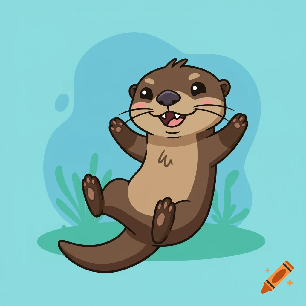 A cheerful, cartoon-style otter with its arms open, floating on a light blue background with some green foliage.