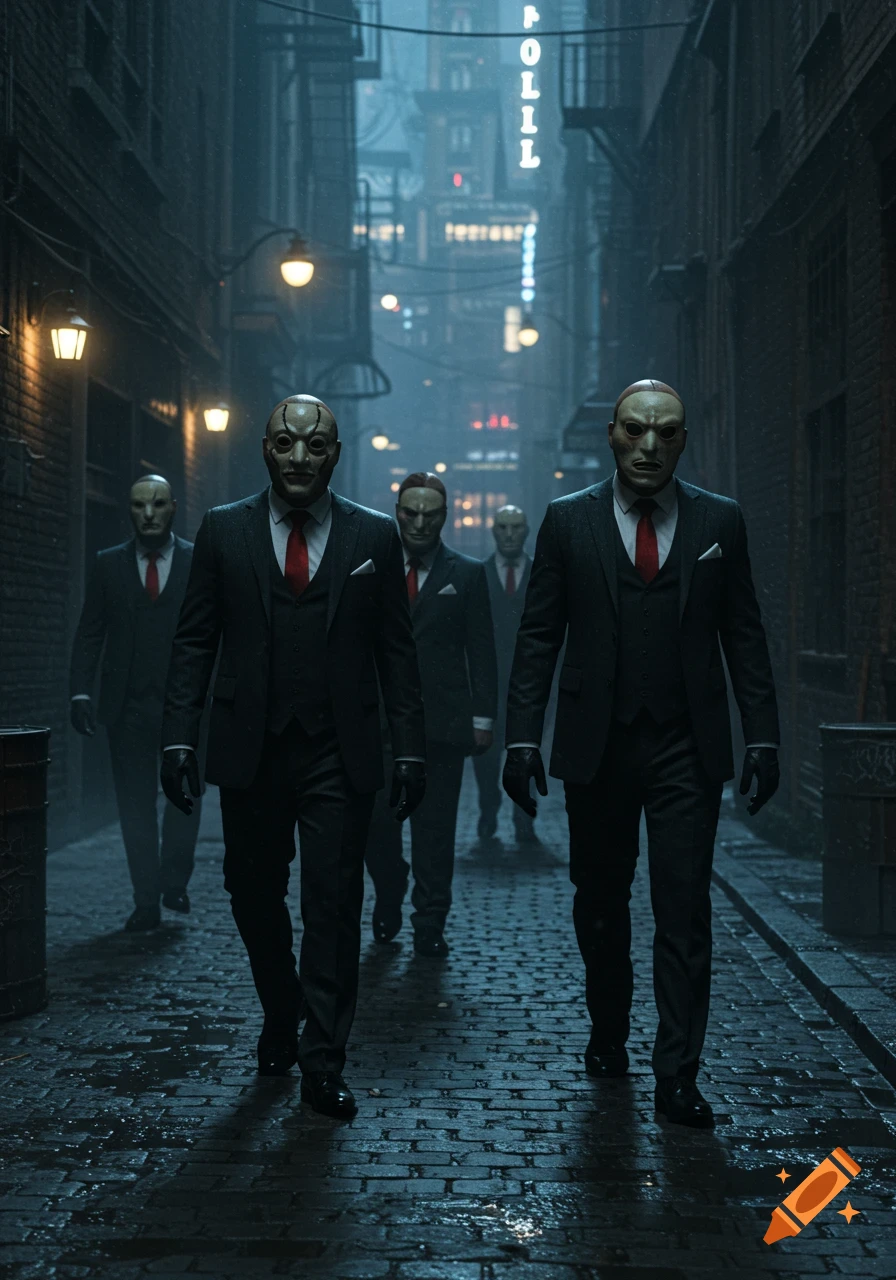 Men in dark suits and eerie masks walk down a rainy, dimly lit alley in a city, with a neon sign in the distance.