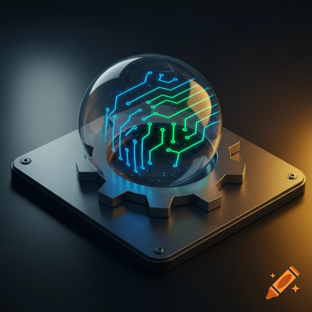 A clear glass sphere with glowing blue and green circuit patterns inside, resting on a metallic gear base.