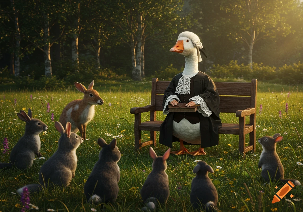 Photorealistic goose judge in a wig and robe sits on a bench in a sunny forest clearing, surrounded by deer and rabbits.