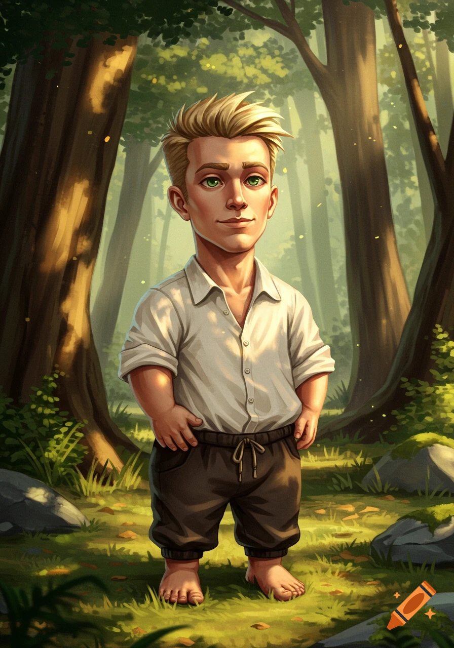 An illustrated short young man with blonde hair and green eyes stands barefoot in a sunlit forest glade.