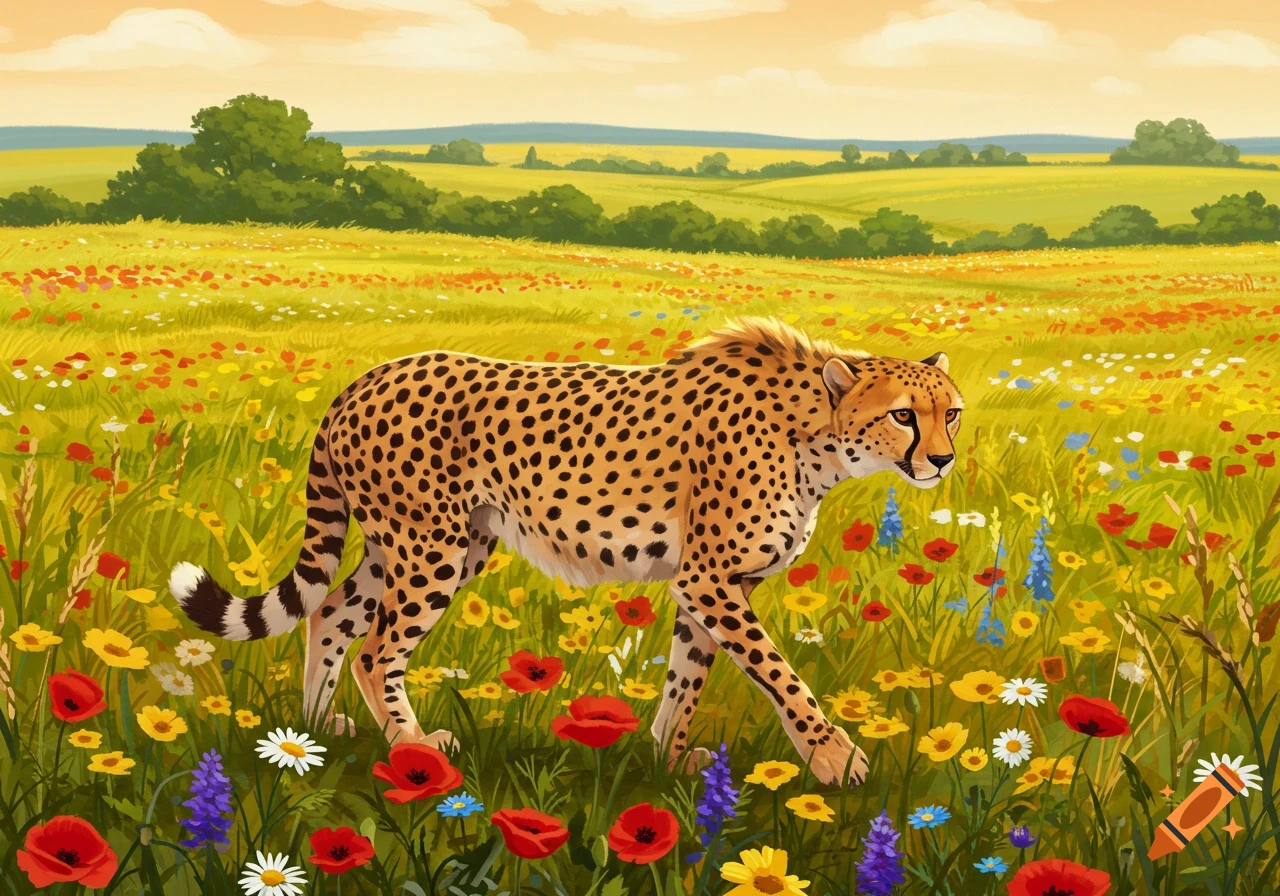 A cheetah walks through a vibrant spring field filled with colorful wildflowers under a soft sky in a stylized illustration.