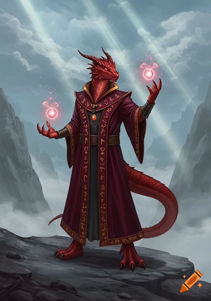 A red dragonborne sorcerer in a flowing maroon robe stands on a mountain, casting pink magic orbs in their hands.