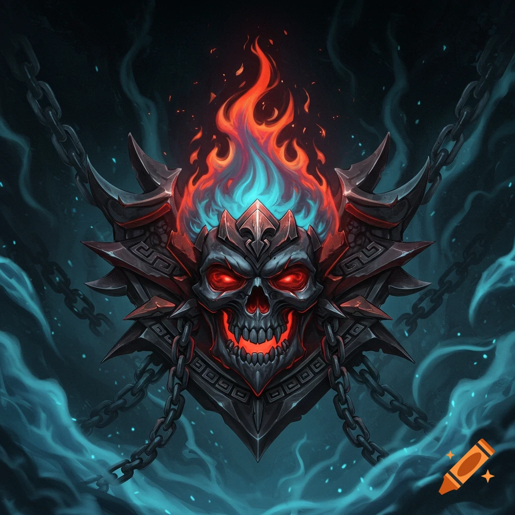 A dark, stylized flaming skull with red eyes, glowing teeth, and chains against a smoky background, in a digital painting style.