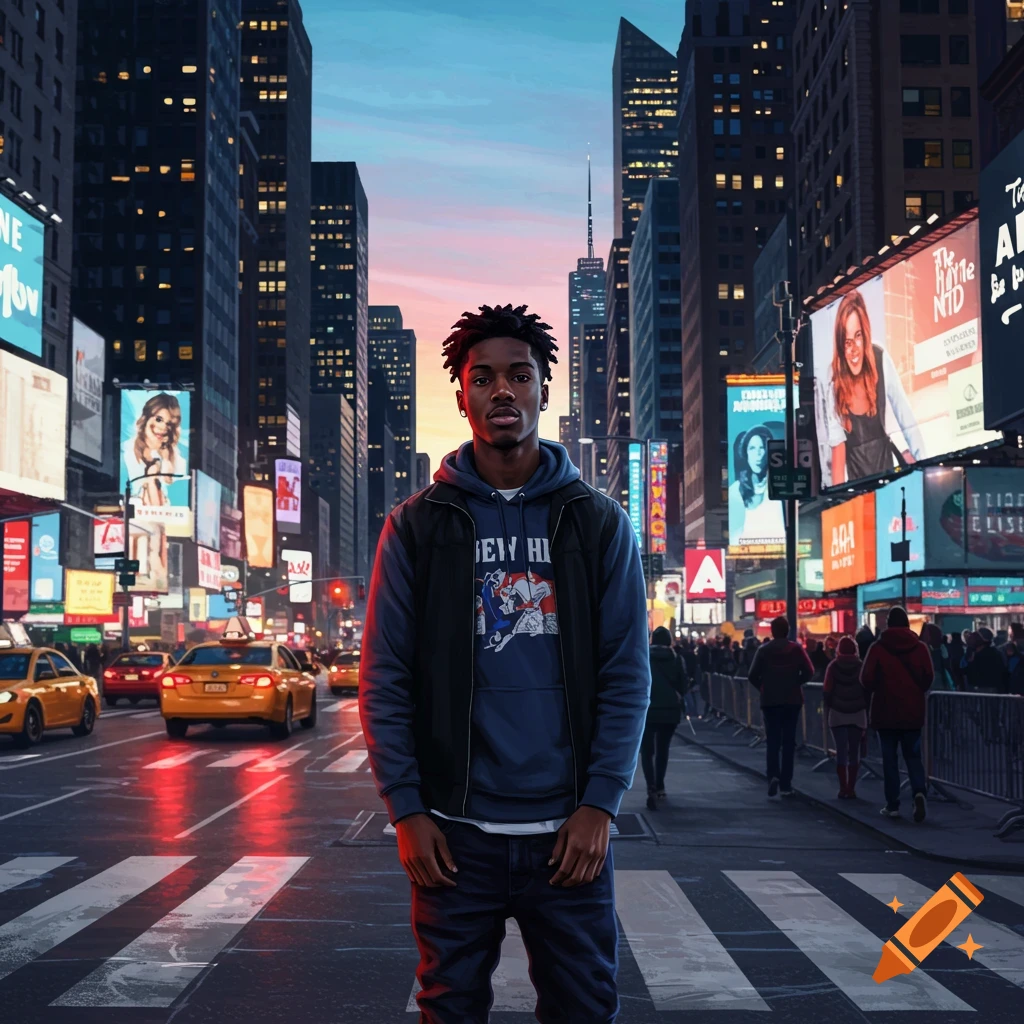 A young Black man stands on a crosswalk in a vibrant, busy city street at dusk, surrounded by tall buildings and glowing billboards.