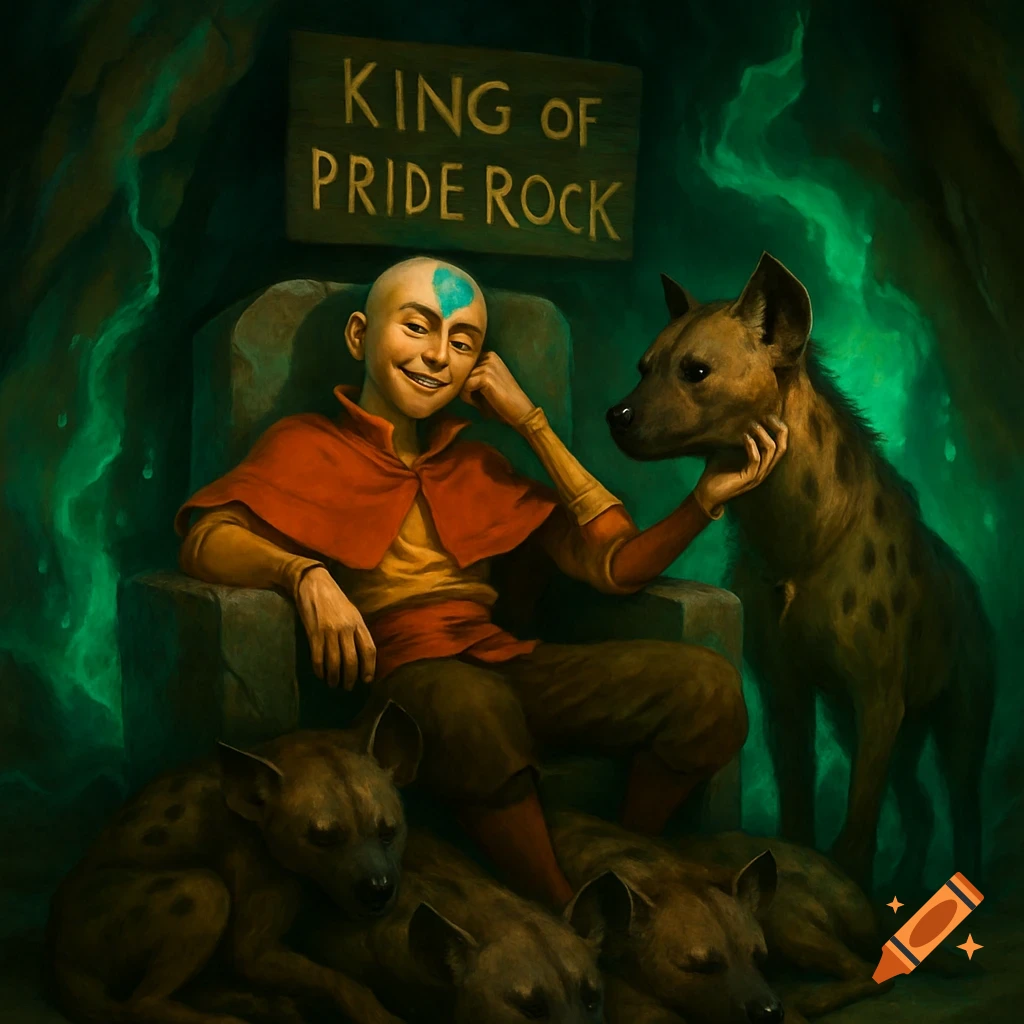Aang, on a stone throne in a dim, green-lit cave, smiles as he pets a hyena. Three hyenas rest at his feet. A 'King of Pride Rock' sign is above.