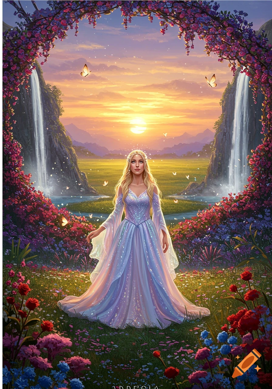 A woman in a sparkling lavender gown stands in a magical landscape with waterfalls, flowers, butterflies, and a sunset.