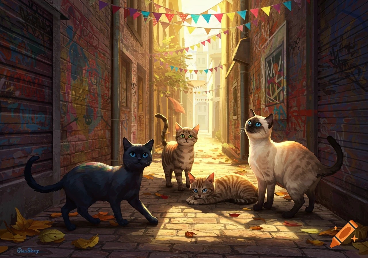 Four cats in a colorful, graffiti-covered alley with festive banners overhead, bathed in golden sunlight.