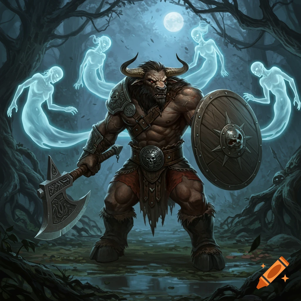 A muscular Minotaur barbarian, holding an axe and shield, stands in a dark forest surrounded by glowing blue spirits under a full moon.