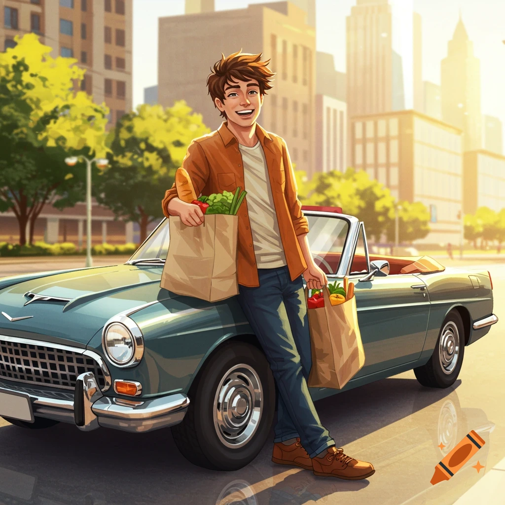 A smiling young man with brown hair leans on a teal convertible car, holding two paper grocery bags filled with produce and a baguette in a bright city street.
