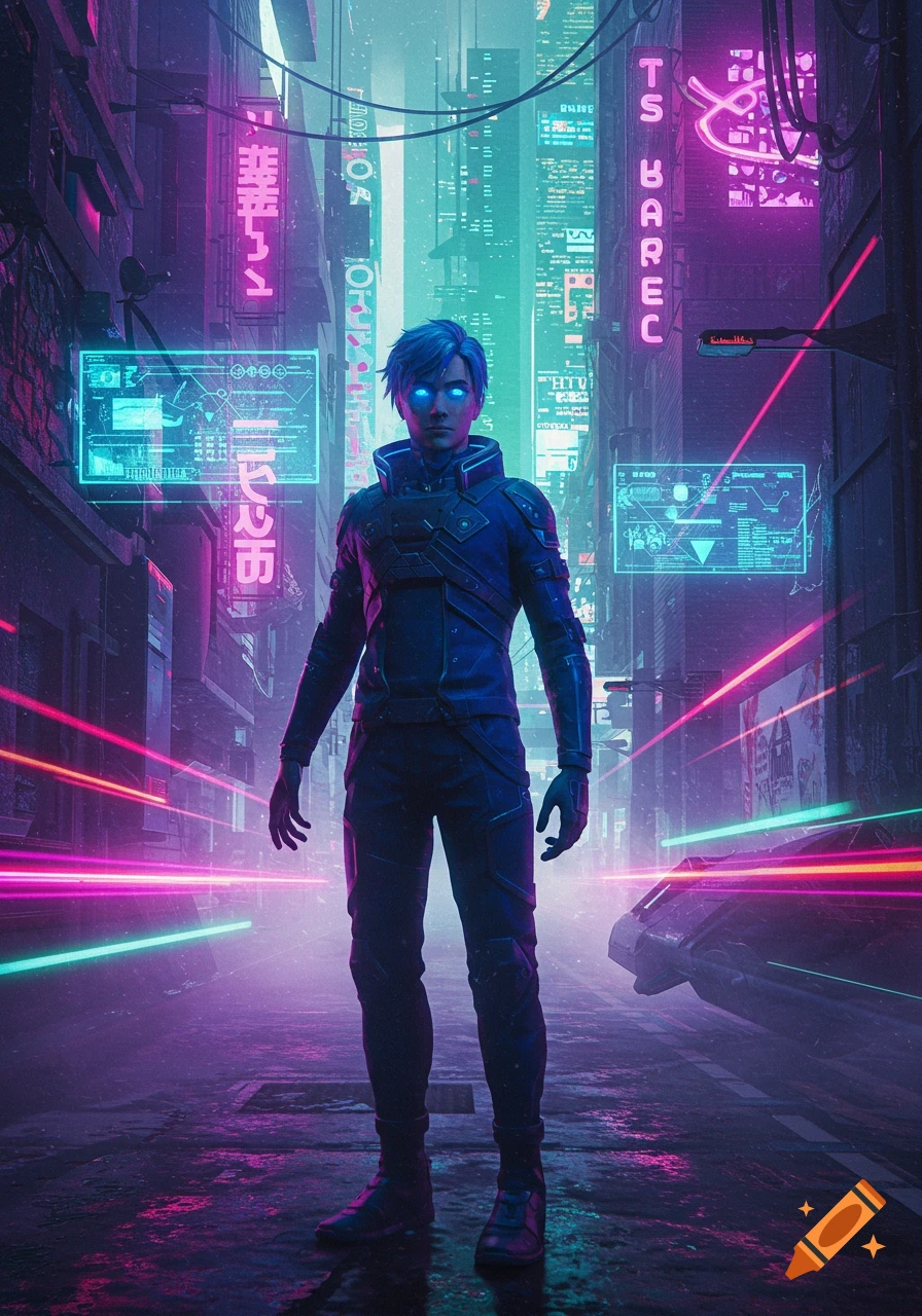 A male character with glowing blue eyes stands in a neon-lit cyberpunk city street, a hovercar in the background. Anime style.