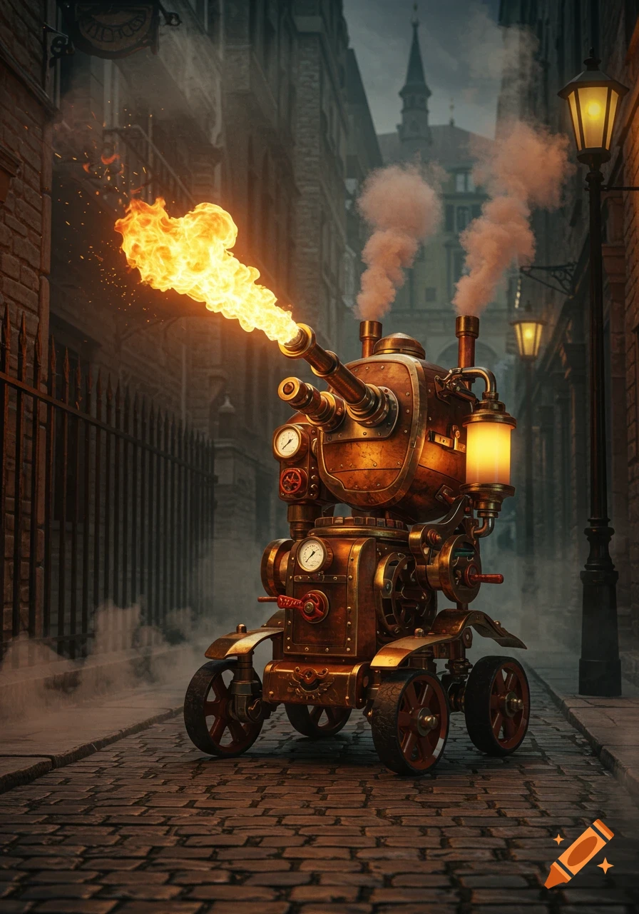 A bronze steampunk walking flamethrower turret fires a stream of fire down a cobbled city street at dusk, with smoke billowing from its pipes.