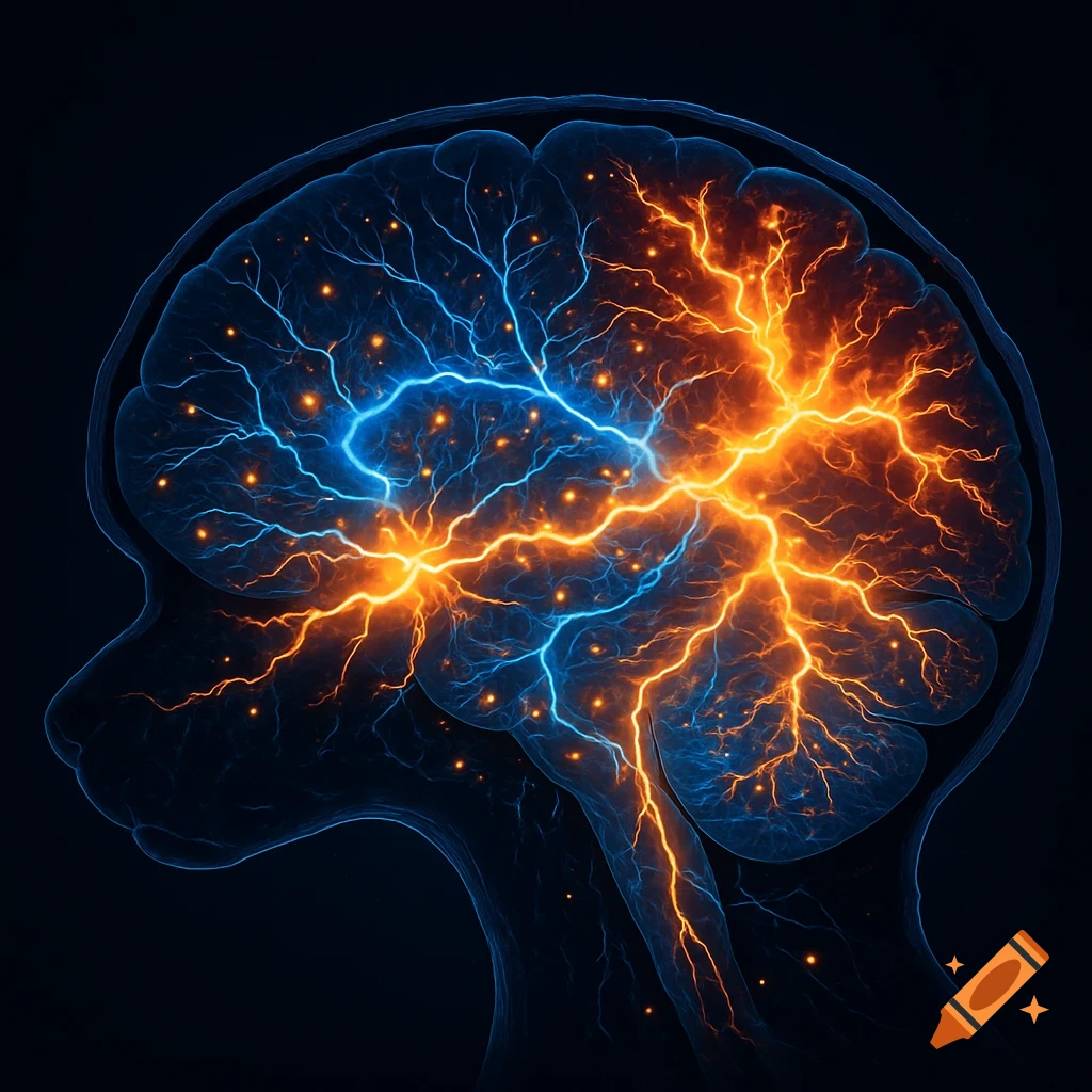 A stylized glowing outline of a brain filled with blue and orange electrical discharges representing neural activity.