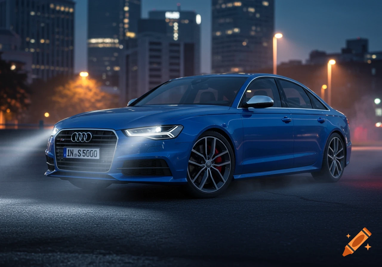 A blue Audi S6 sedan with bright headlights on, parked on an asphalt road in a city at dusk with blurred buildings.