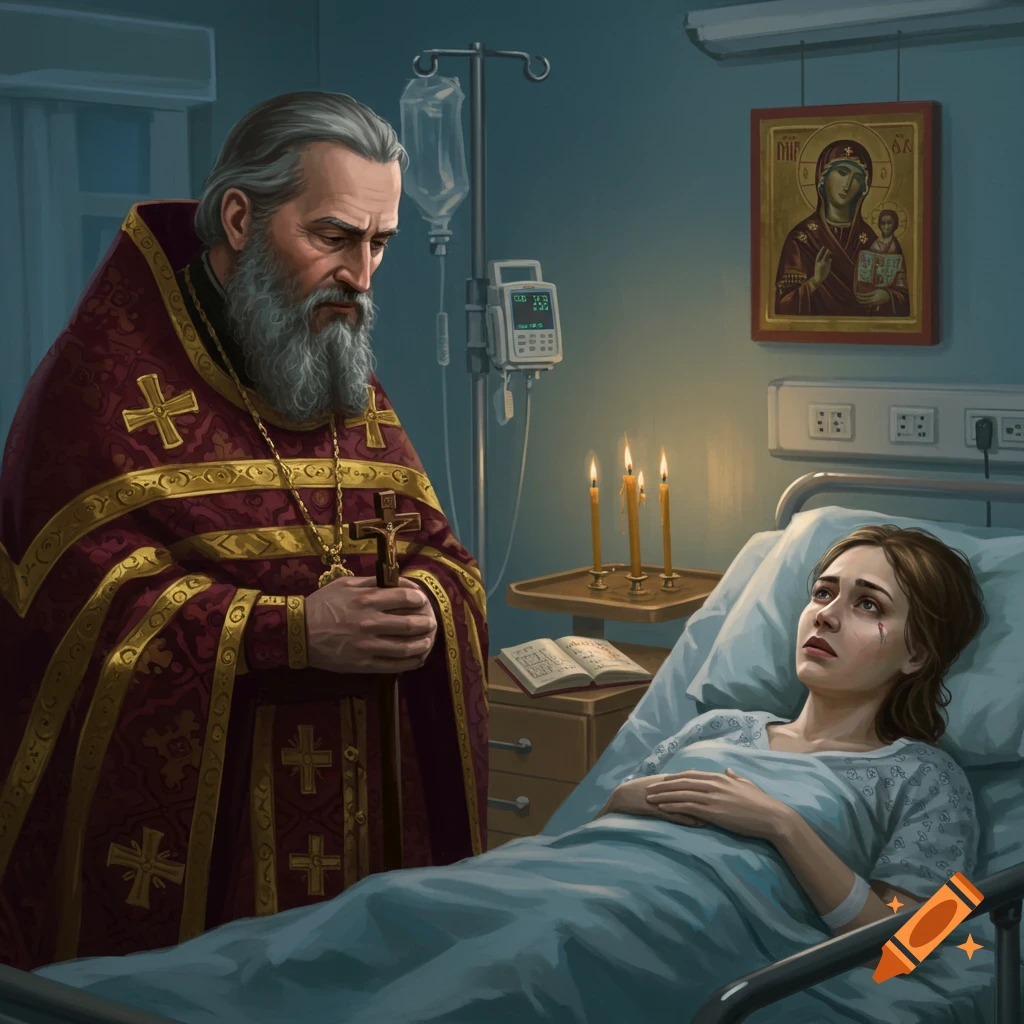 Illustrated: A bearded Orthodox priest in robes holding a crucifix prays over a distressed woman in a hospital bed, with candles and an icon.