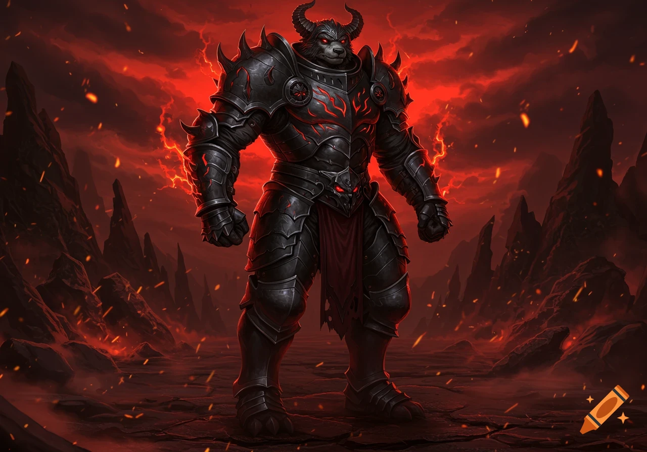 A muscular, horned bear-like creature in dark, spiky armor stands in a fiery, hellish landscape. Dark fantasy art.