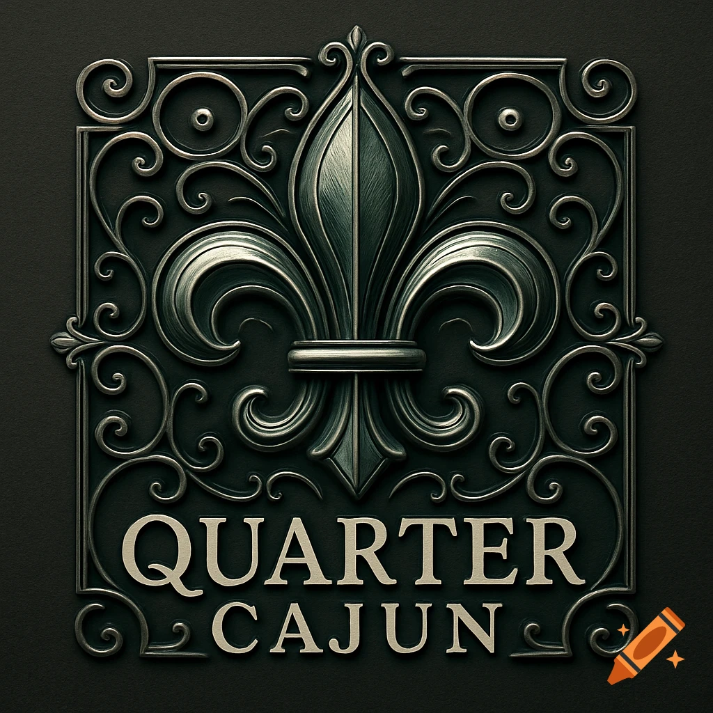 A dark metallic logo featuring a prominent fleur-de-lis surrounded by ornate wrought iron scrollwork, with the words 'QUARTER CAJUN' embossed below it.
