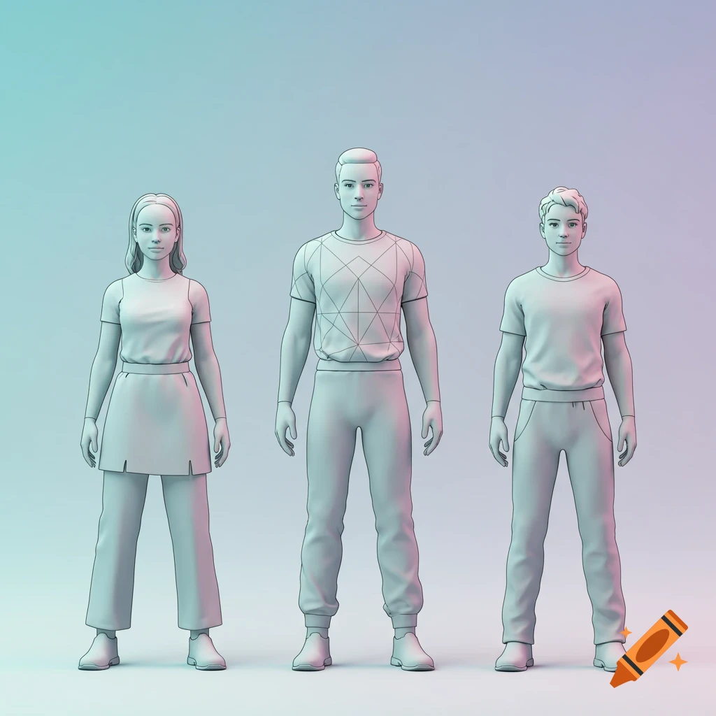 Three stylized 3D avatars, one female and two male, standing against a blue and purple gradient background.