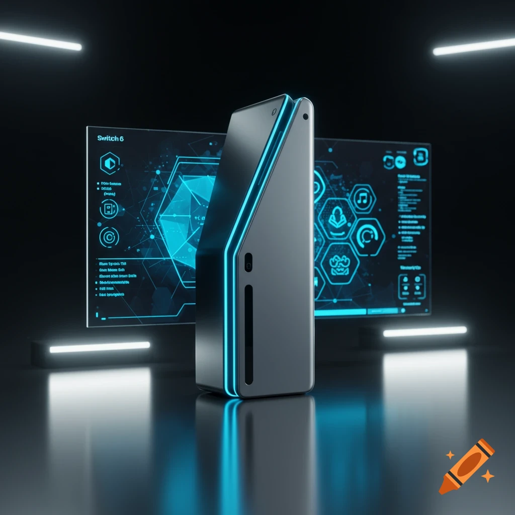 Sleek, dark grey and blue glowing electronic device on a reflective surface, flanked by two screens showing futuristic UI elements and 'Switch 6'.