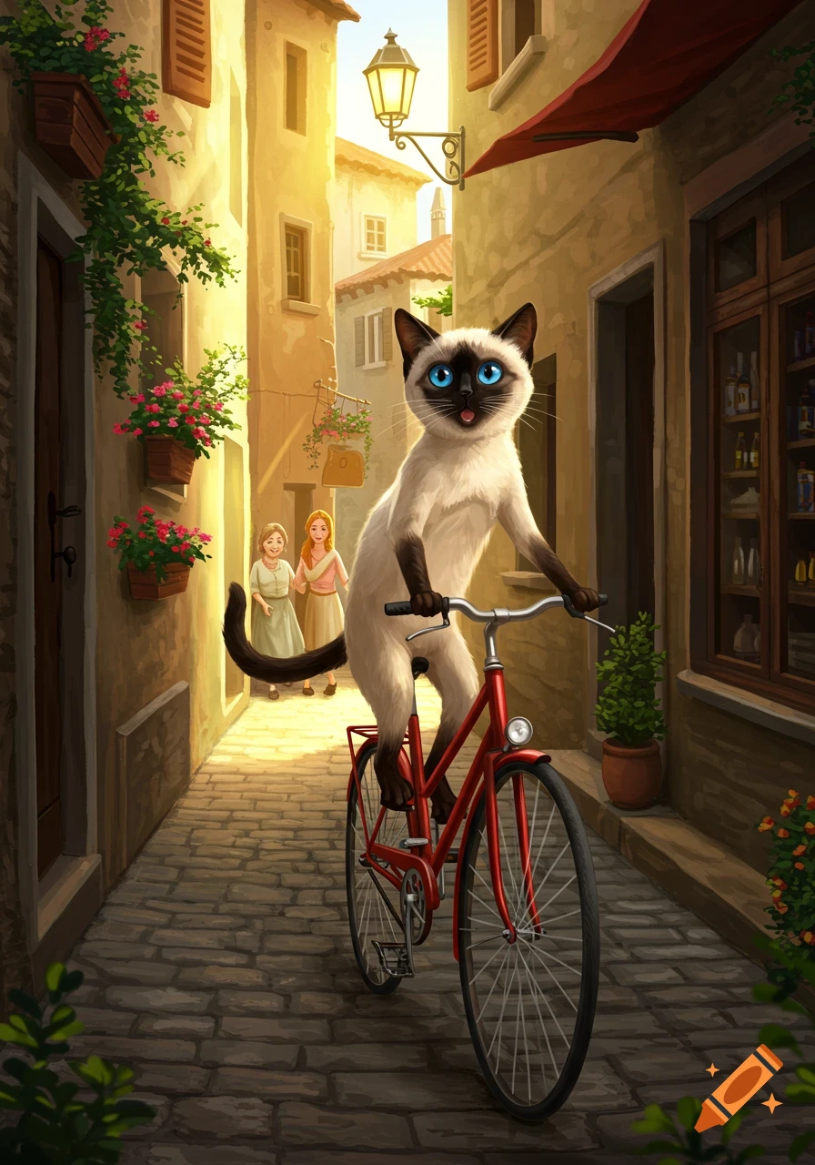 A whimsical illustration of a Siamese cat riding a red bicycle down a sunlit, cobblestone alley with two girls in the background.