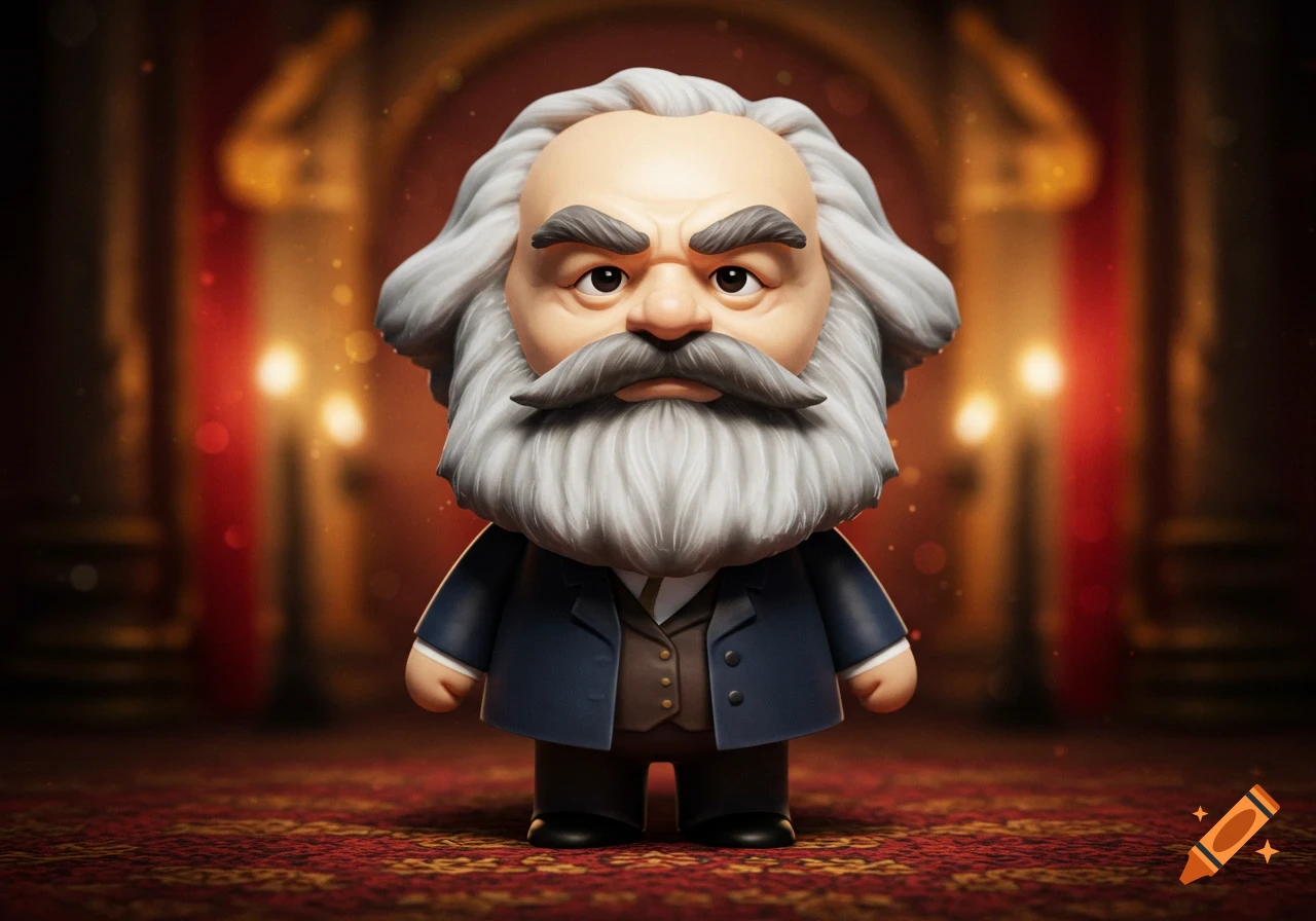 A stylized, chibi-style toy figure of Karl Marx with a large white beard and mustache, wearing a dark suit, standing on a red patterned carpet in a grand interior.