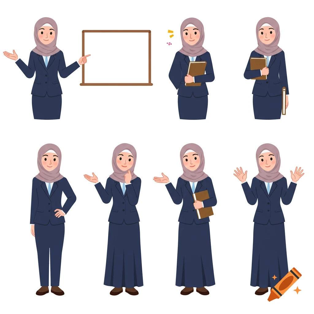 Flat vector illustration of a professional female teacher in a navy blue uniform and hijab, shown in various poses including pointing, holding a book, and waving.