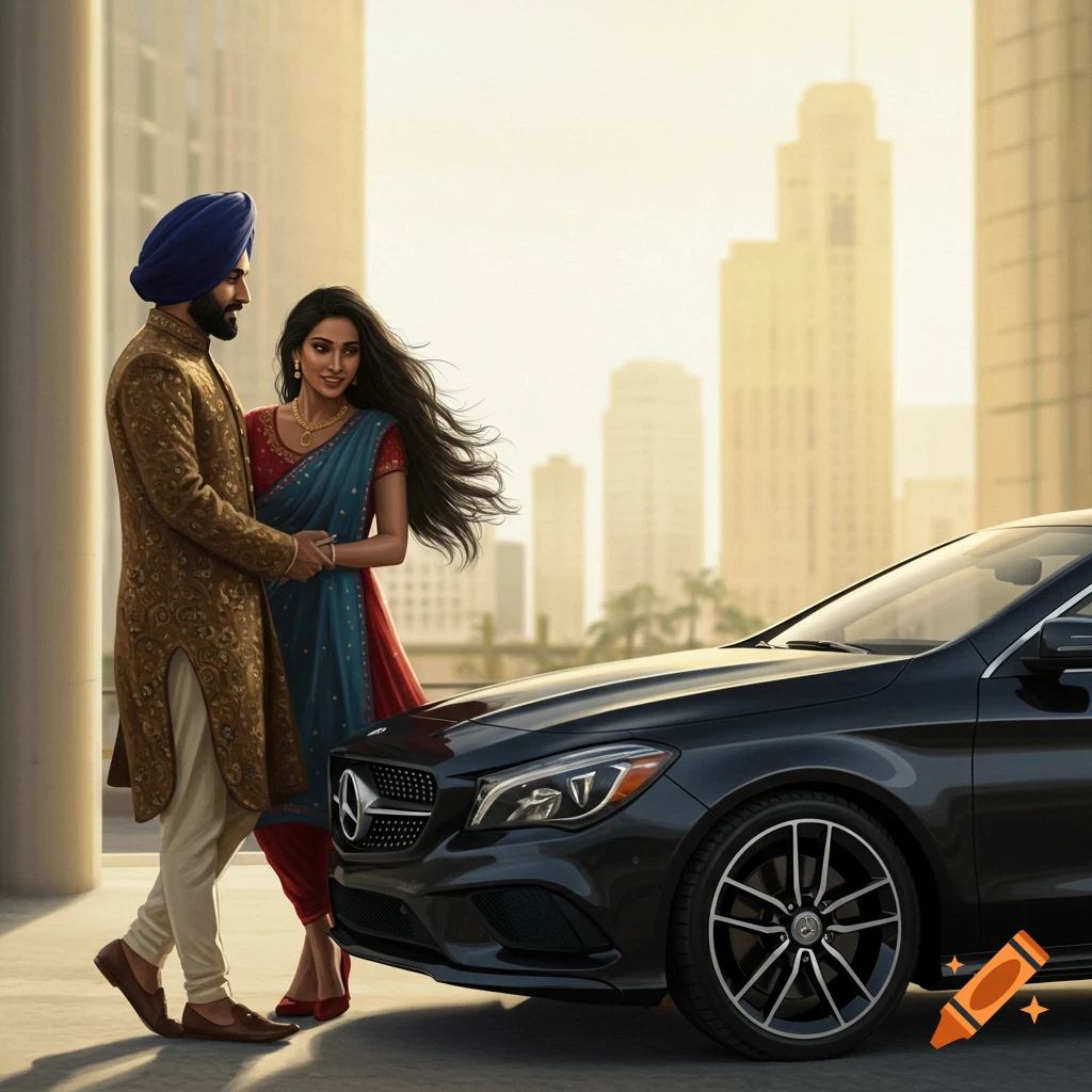 A man in a turban and a woman in a saree hold hands next to a black Mercedes car in an urban setting.