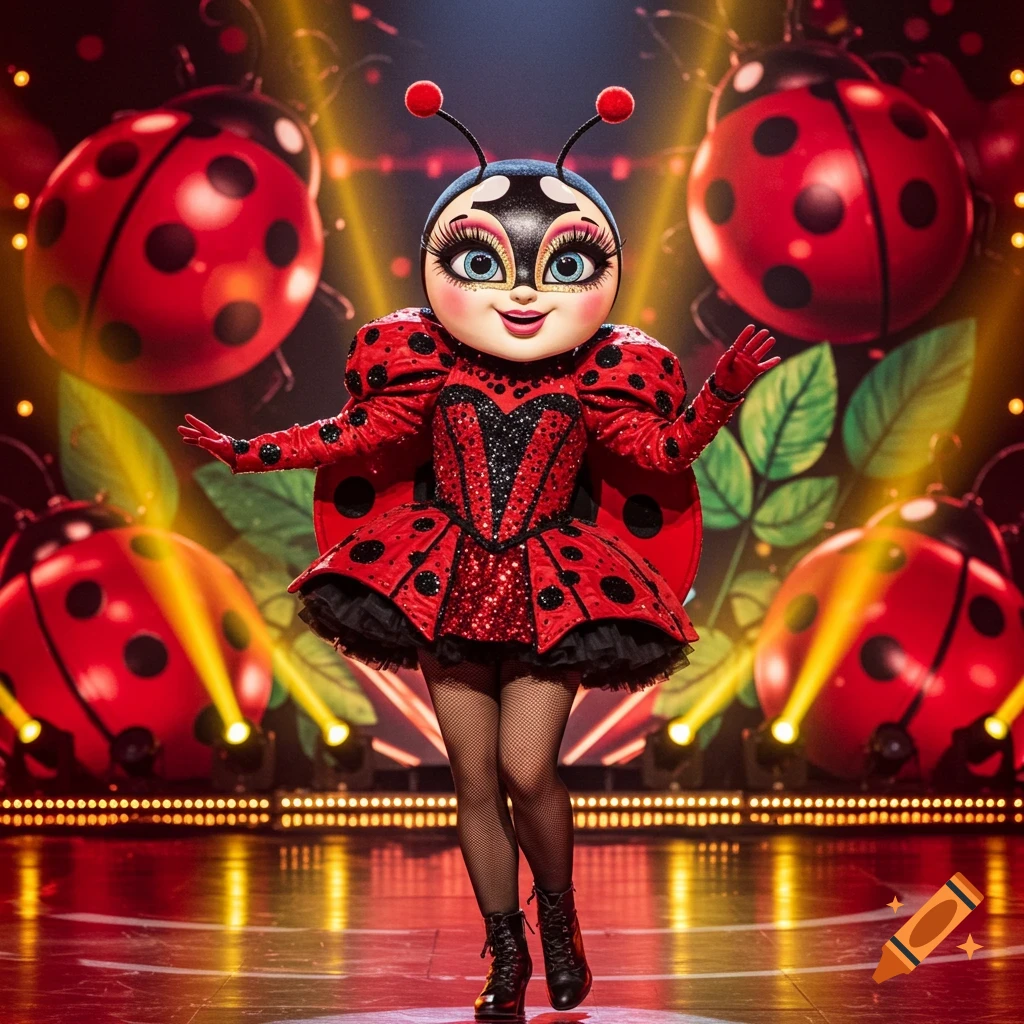 A person in a dazzling red and black ladybug costume with a large masked head stands on a brightly lit stage, surrounded by giant ladybug decorations.
