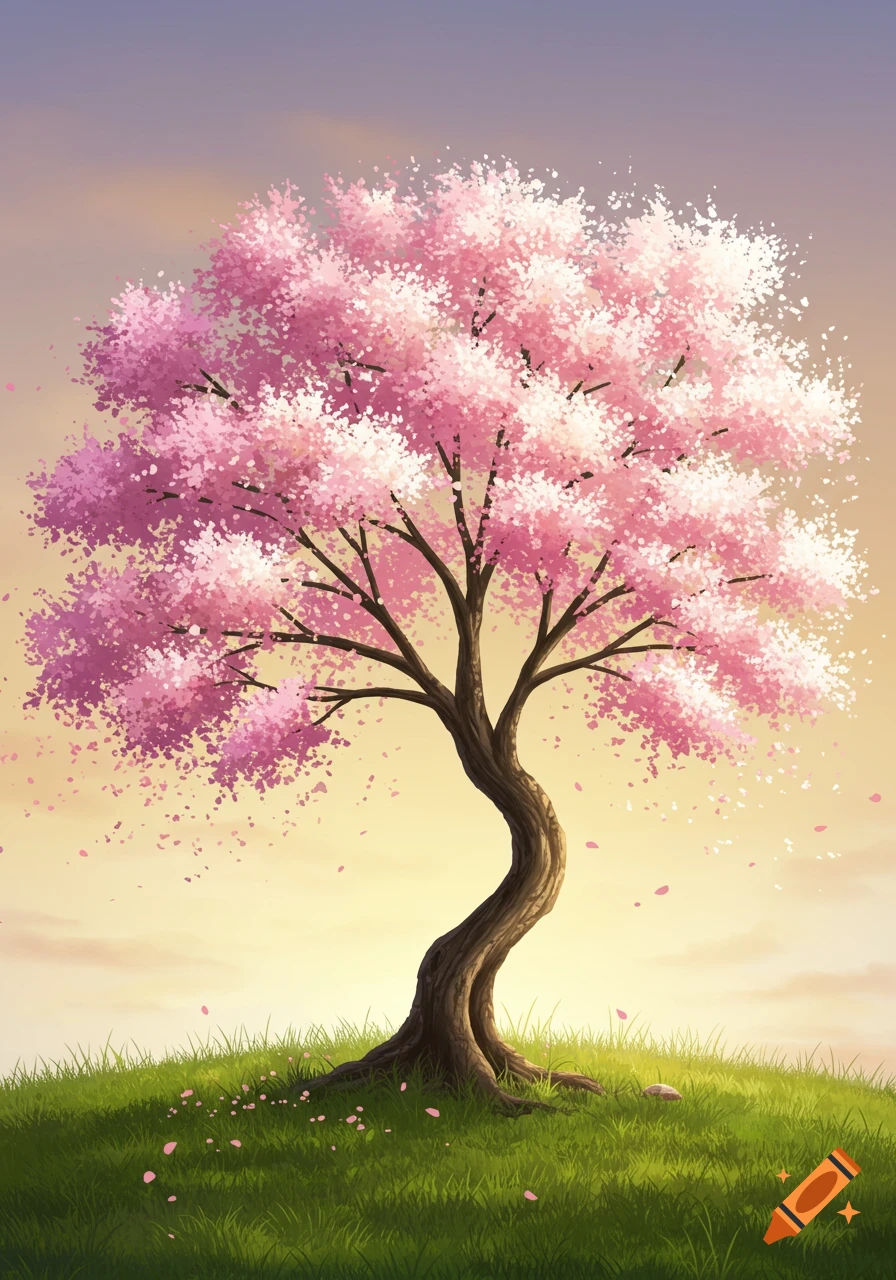 Vibrant pink cherry blossom tree with a winding trunk on a green hill under a soft, light sky, in an illustrative style.