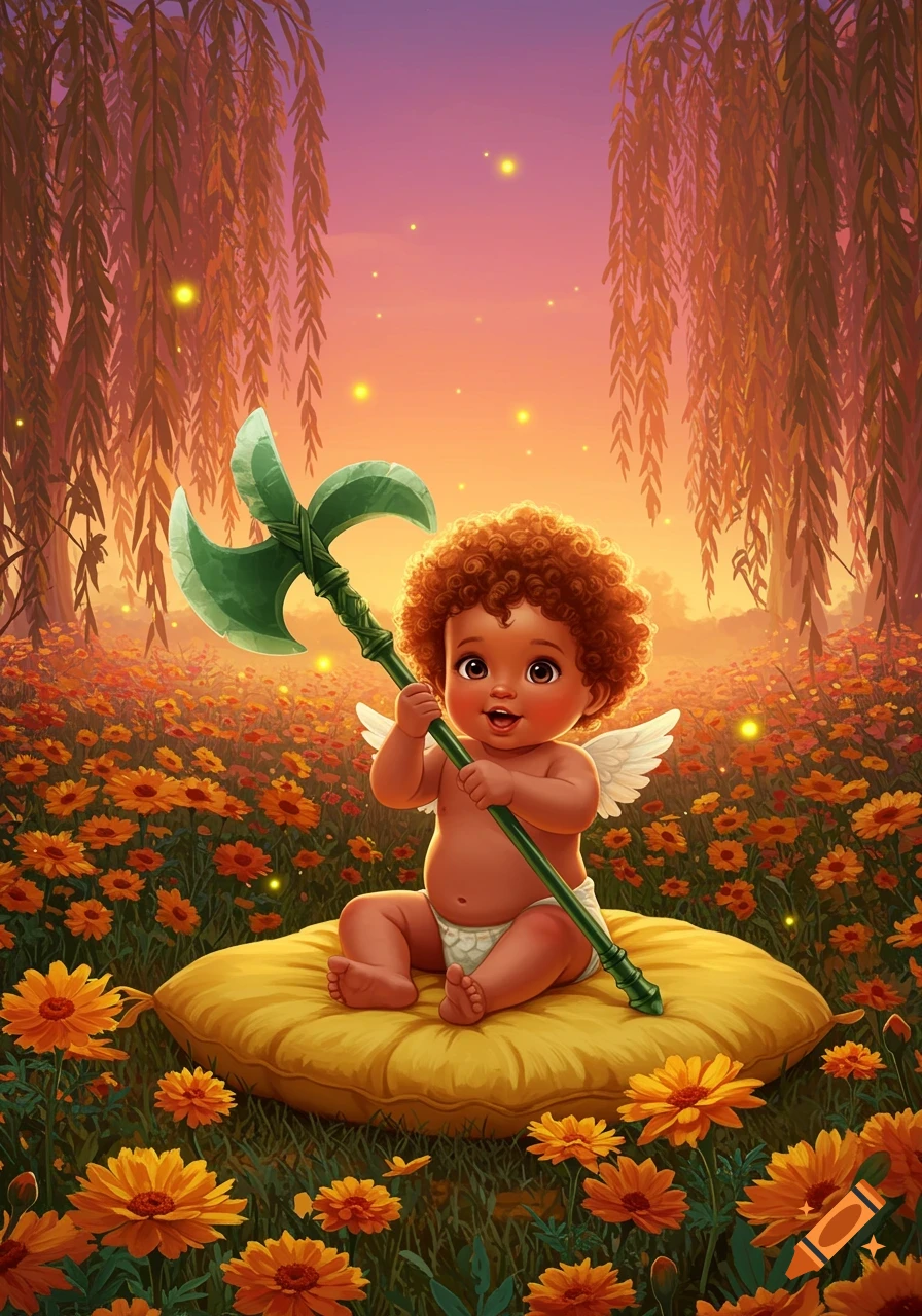 Cute cartoon baby with curly hair and wings, wearing a diaper, sits on a yellow pillow in a field of orange flowers, holding a green axe.
