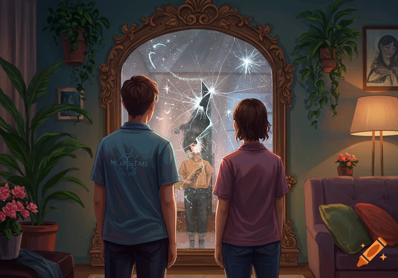 Illustrative art of two people from behind looking into a broken ornate mirror reflecting cosmic symbols in a cozy living room.