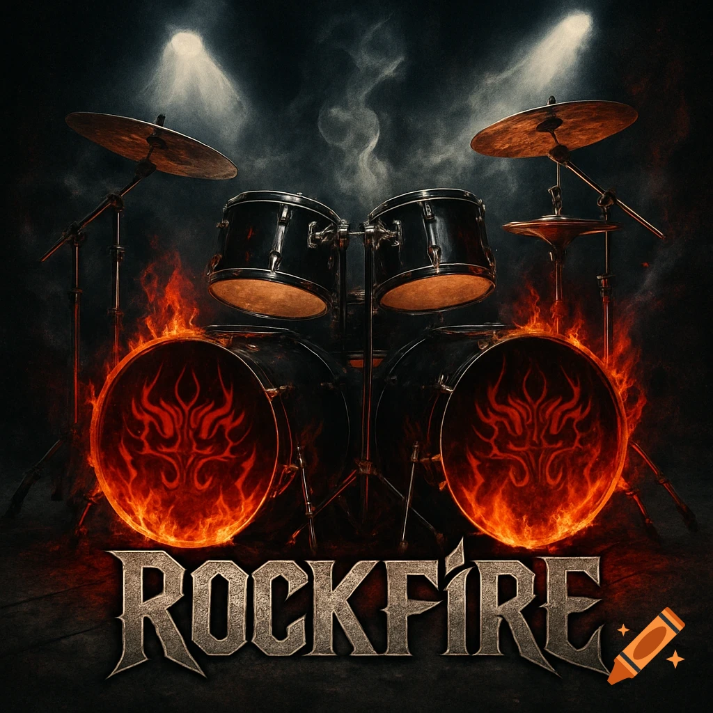 A dark, intense image of a drum set with two large bass drums on fire. The stylized text "ROCKFIRE" is at the bottom.