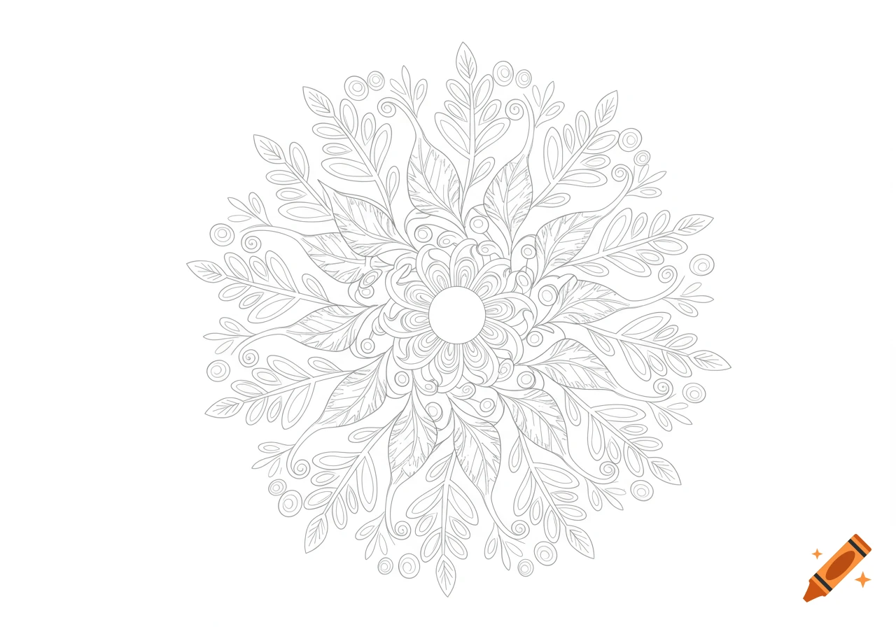 Detailed grayscale line art mandala design with floral and leaf motifs and swirling patterns on a white background, suitable for coloring.