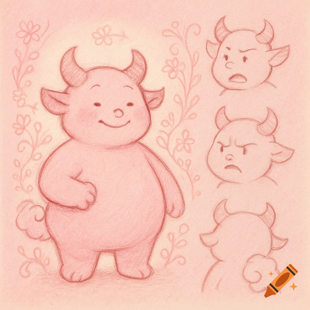 Character sheet of a chubby, pink, horned creature with various expressions, in a crayon sketch style.
