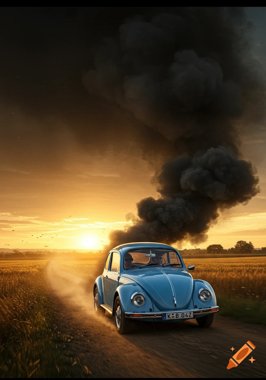 A light blue Volkswagen Beetle drives on a dirt road, emitting a large plume of black smoke against a vivid sunset.
