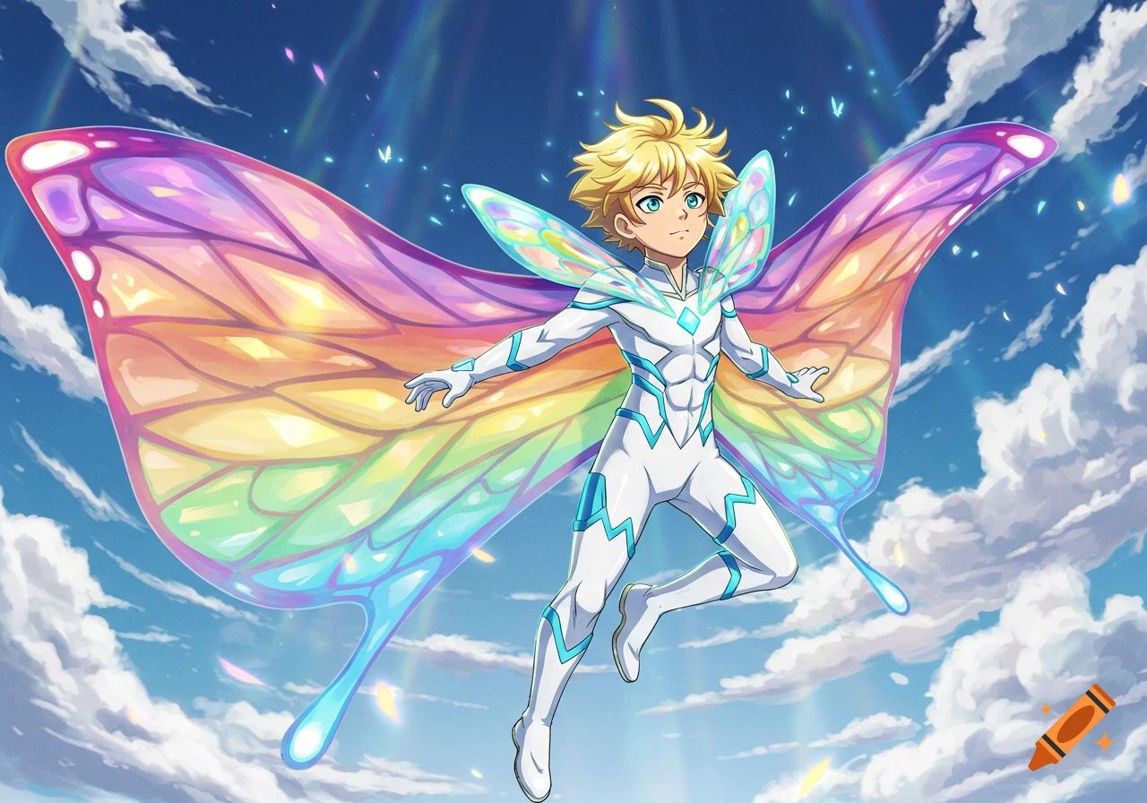 Anime boy with blond hair, blue eyes, and a white superhero suit with blue accents, flying with large rainbow butterfly wings in a blue sky.
