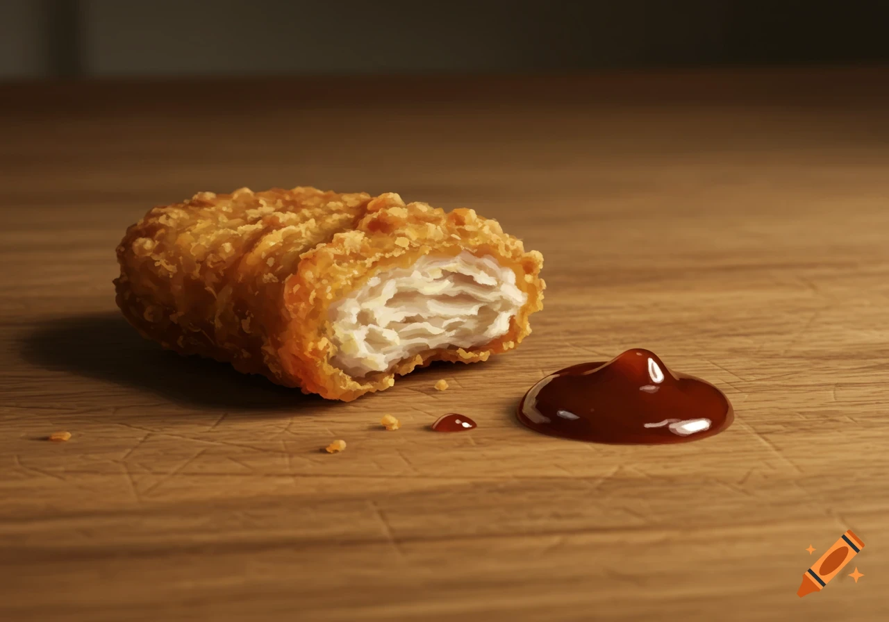 A close-up, photorealistic image of a half-eaten chicken nugget next to a dollop of barbecue sauce on a wooden table.