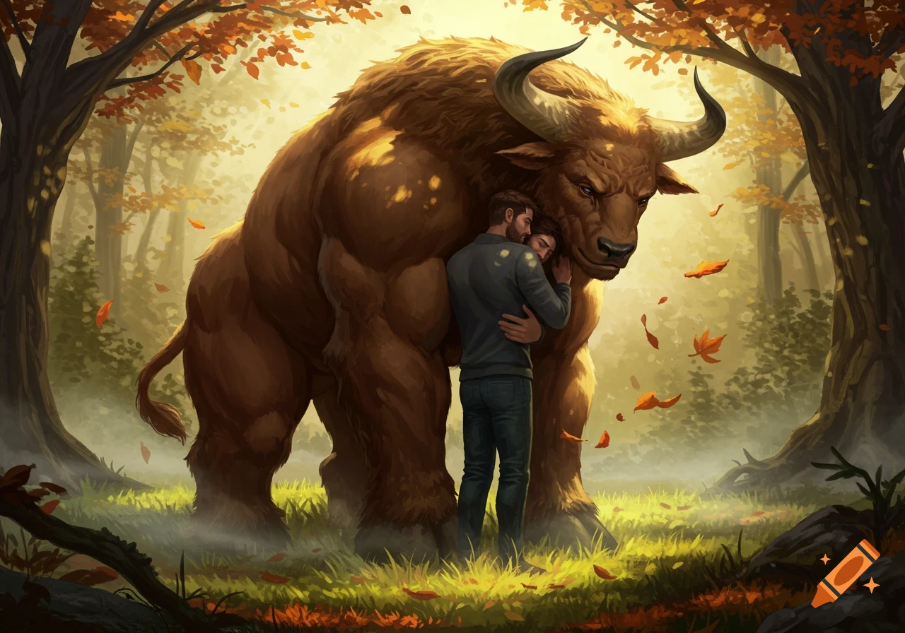 A man embraces a large, brown, minotaur-like creature in a sunlit autumnal forest, digital art.