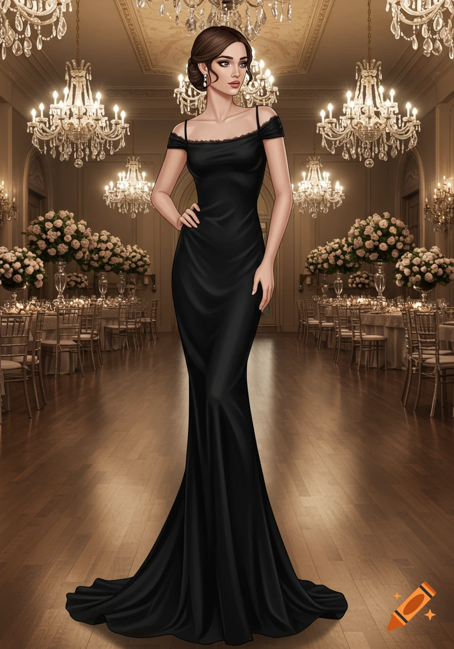 Elegant woman in a black off-shoulder gown poses in a lavish ballroom with chandeliers and floral arrangements.