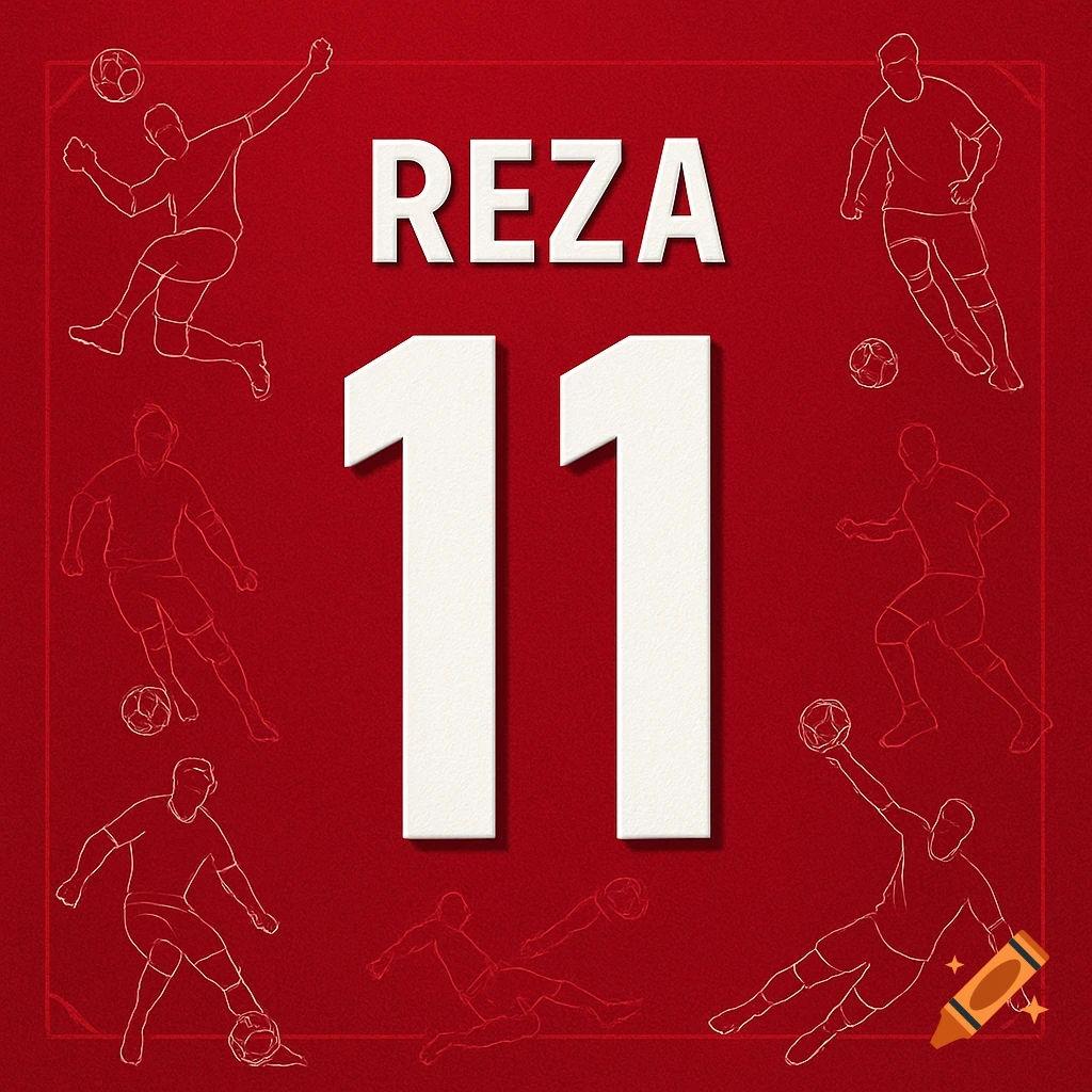 A red graphic with white line art of football players surrounding the white text "REZA" and large number "11".