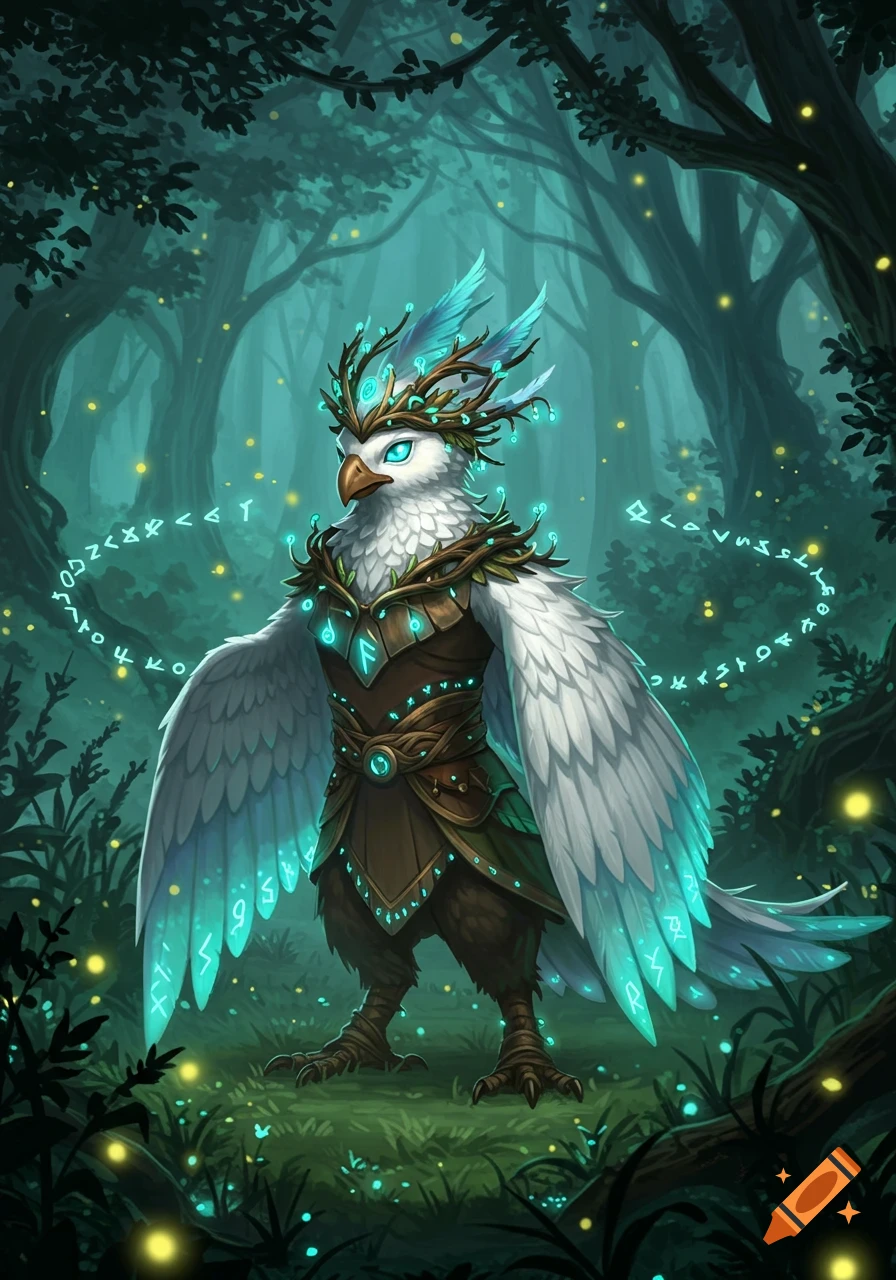 A white bird-like warlock with glowing blue eyes and teal magical runes on its armor and wings stands in a mystical forest.