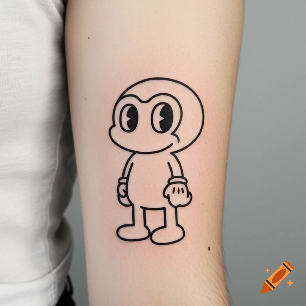 A simple black outline cartoon character tattoo with big eyes and a small smile on a person's arm.