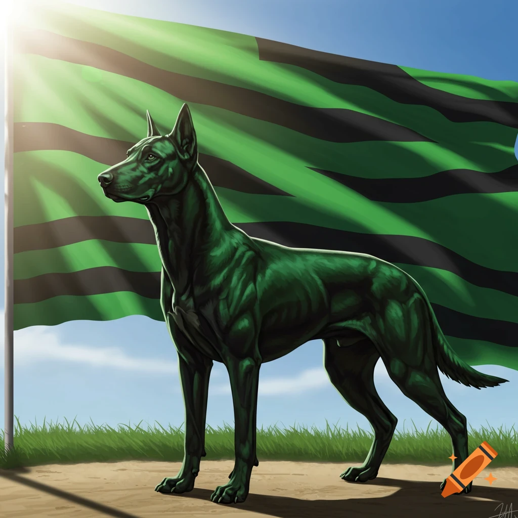 A majestic green and black dog stands in profile before a waving green and black striped flag under a sunny sky, digital illustration.