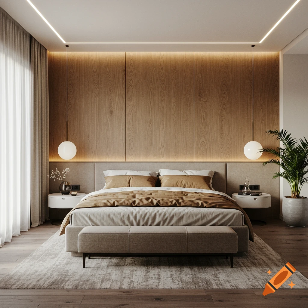 Photorealistic image of a modern bedroom with a double bed, wooden paneling, linear ceiling lighting, and two pendant lamps.
