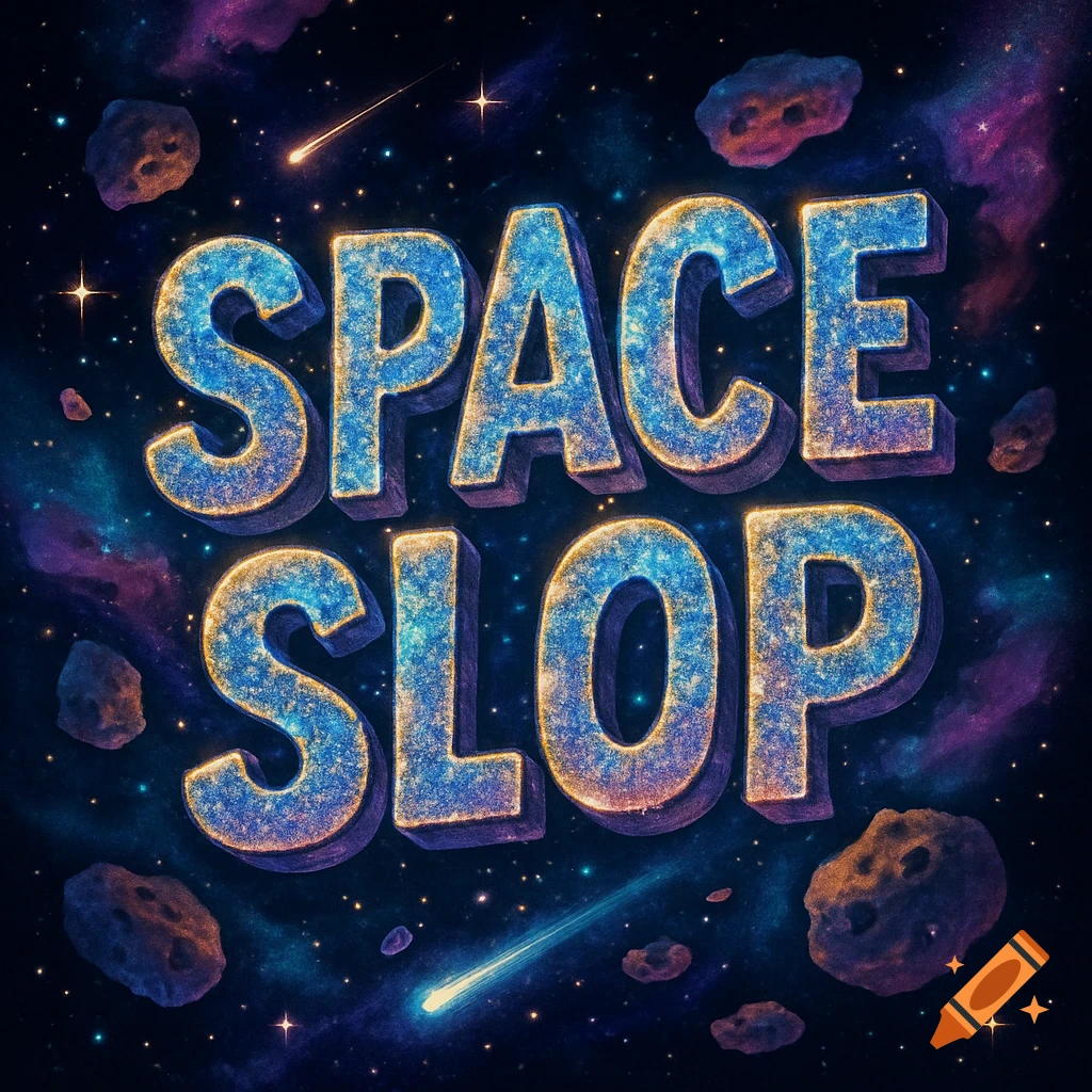 3D glittering blue and gold text 'SPACE SLOP' against a dark cosmic background with stars, nebulae, asteroids, and a shooting star.