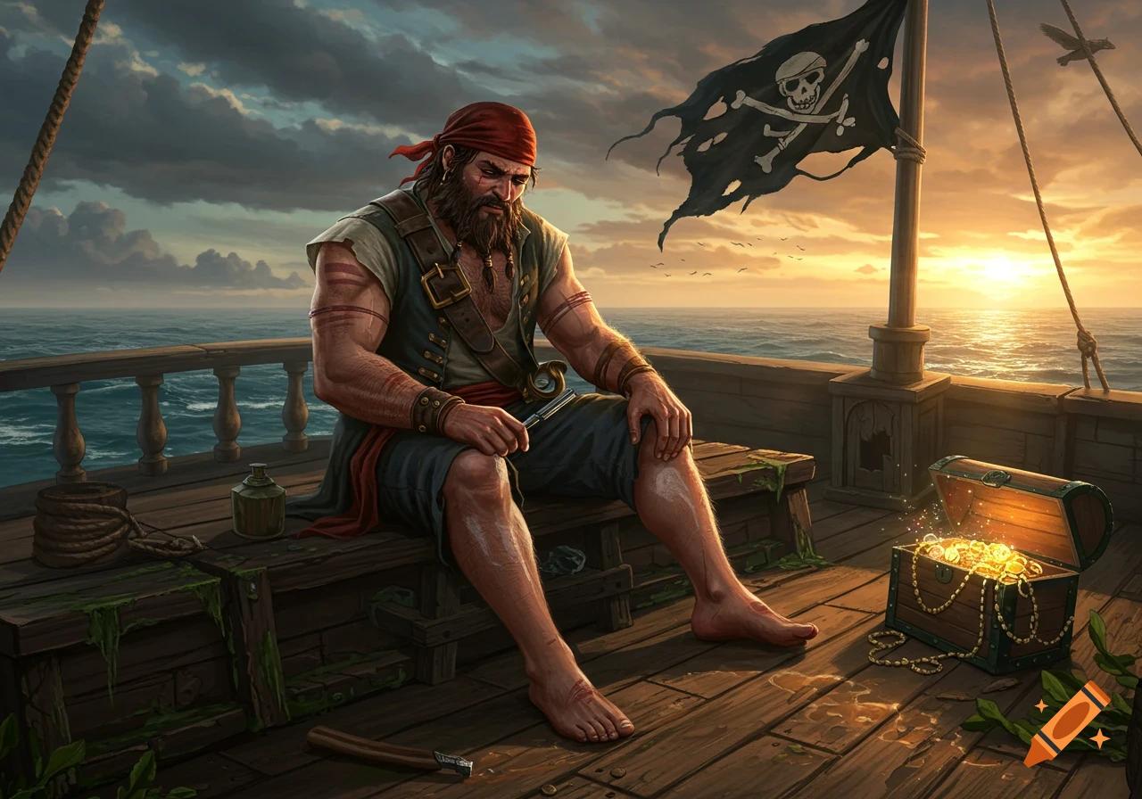 A digital painting of a bearded pirate sitting on a ship's deck at sunset, holding a razor, with a treasure chest nearby.