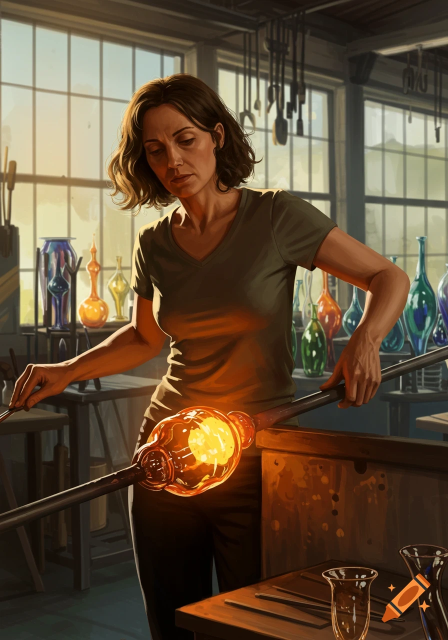 A woman shapes glowing hot glass with tools in a sunlit glassblowing workshop, with finished vases in the background.