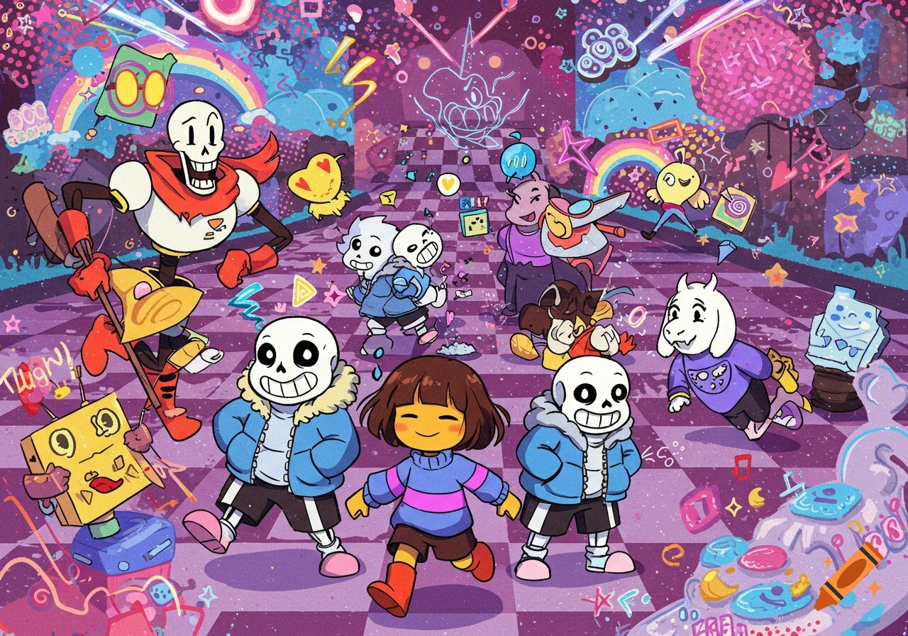 A vibrant 90s cartoon style illustration featuring multiple Undertale characters, including Frisk, Sans, and Papyrus, on a checkerboard floor.