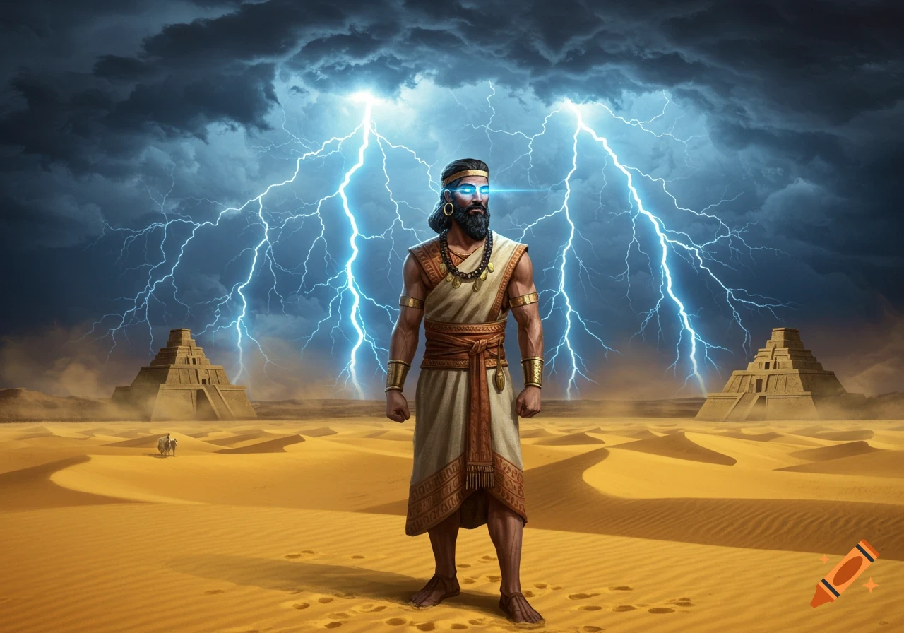 A powerful ancient Sumerian figure with glowing eyes stands in a desert with ziggurats, as lightning strikes from a stormy sky.