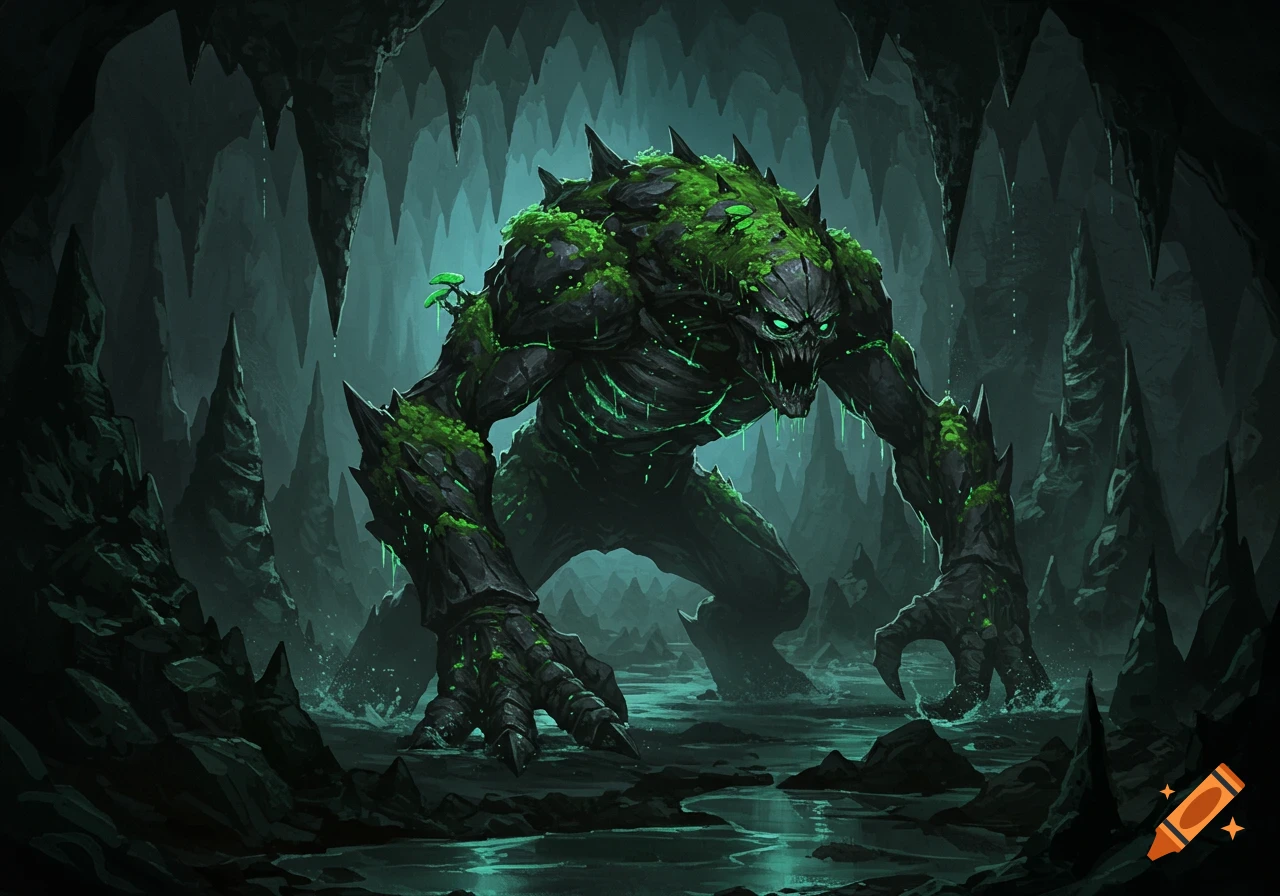 A dark, moss-covered monster with glowing green eyes and sharp claws stands in a dimly lit cave with stalagmites and a reflective pool.